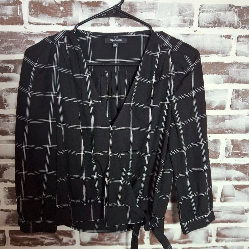 Madewell XS Windowpane Wrap Top Black Cropped Tie